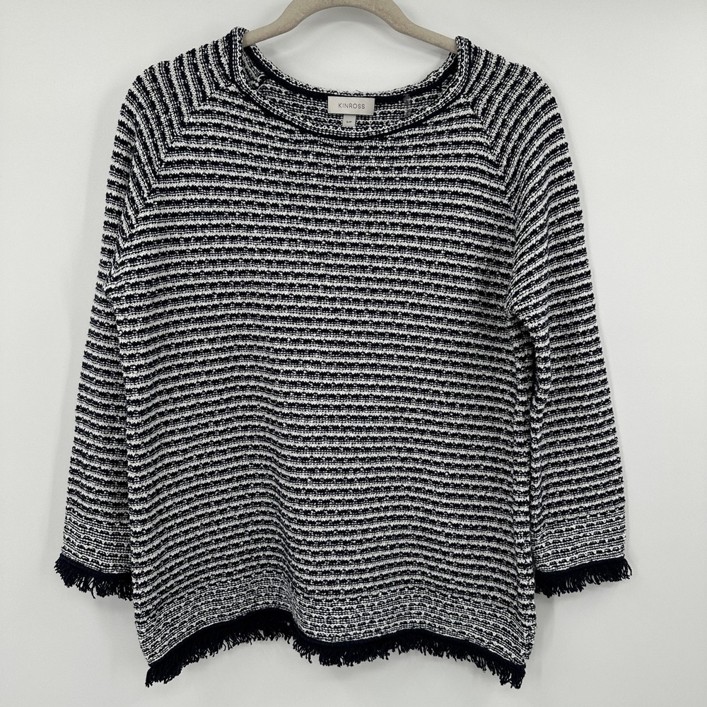 Kinross Sweater Womens Small Navy White Stripe 100% Cotton Fringe Hem Pullover